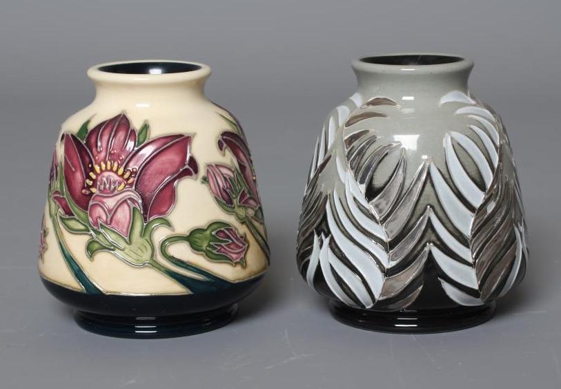 TWO MOORCROFT POTTERY VASES of squat tapering cylindrical form and comprising Shining Fern Image