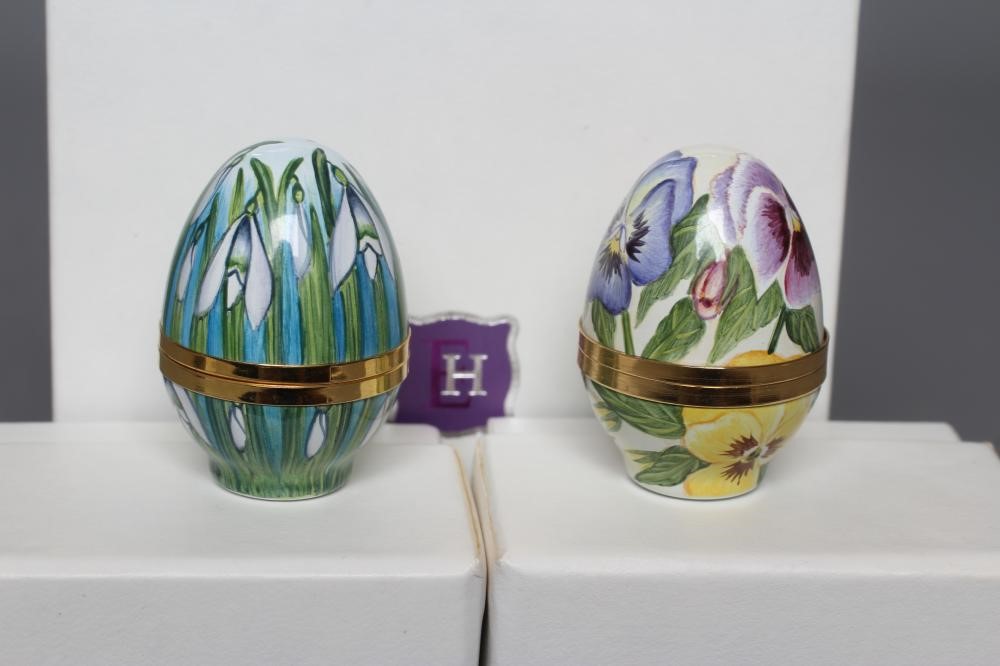 TWO ELLIOT HALL ENAMEL EGG BOXES comprising Snowdrops and Pansies Image