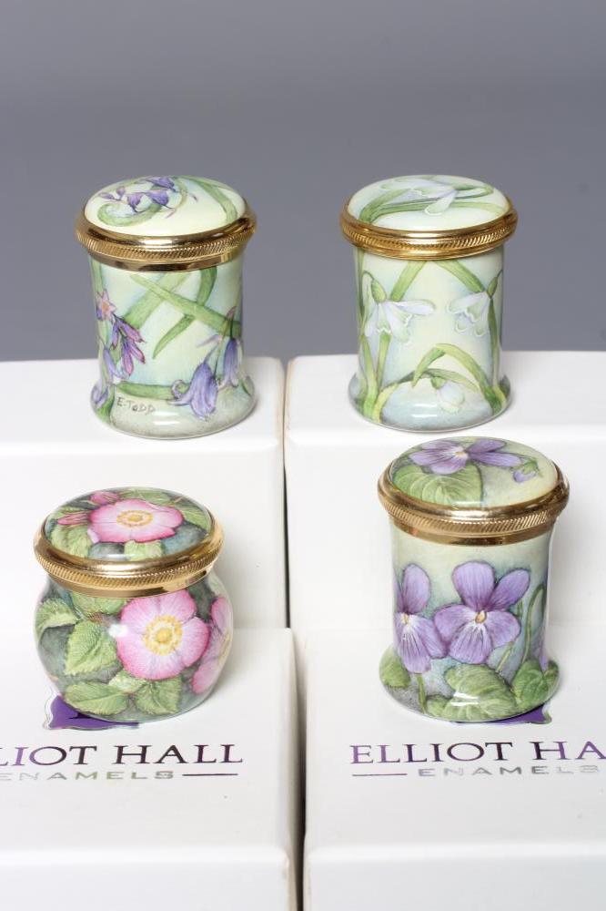 FOUR ELLIOT HALL ENAMEL BOXES AND COVERS all by Elizabeth Todd painted with Snowdrops and Bluebells Image