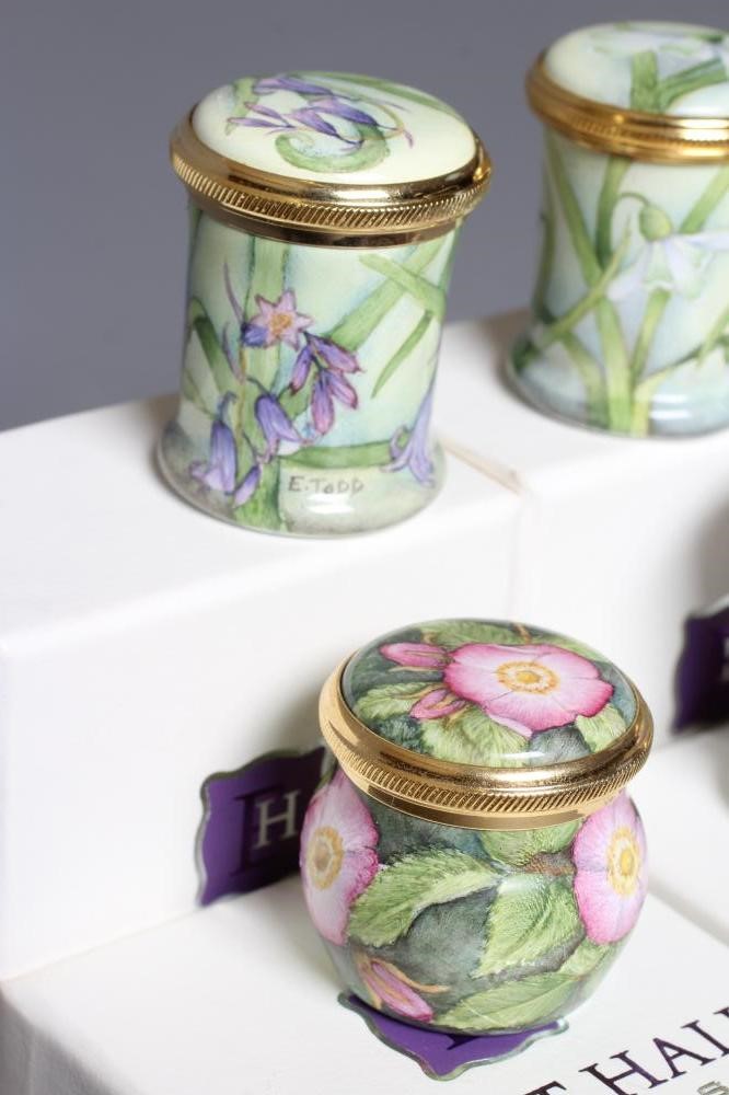 FOUR ELLIOT HALL ENAMEL BOXES AND COVERS all by Elizabeth Todd painted with Snowdrops and Bluebells Image