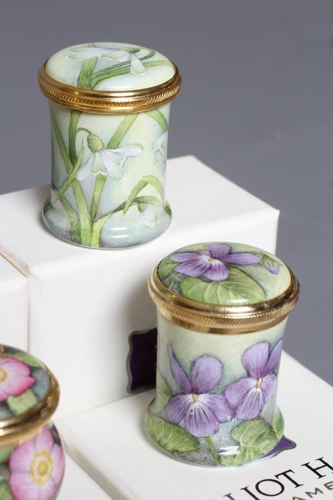 FOUR ELLIOT HALL ENAMEL BOXES AND COVERS all by Elizabeth Todd painted with Snowdrops and Bluebells Image