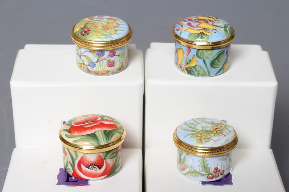 FOUR SMALL ELLIOT HALL ENAMEL BOXES AND COVERS comprising two painted by A. Roberts with Honeysuckle Image