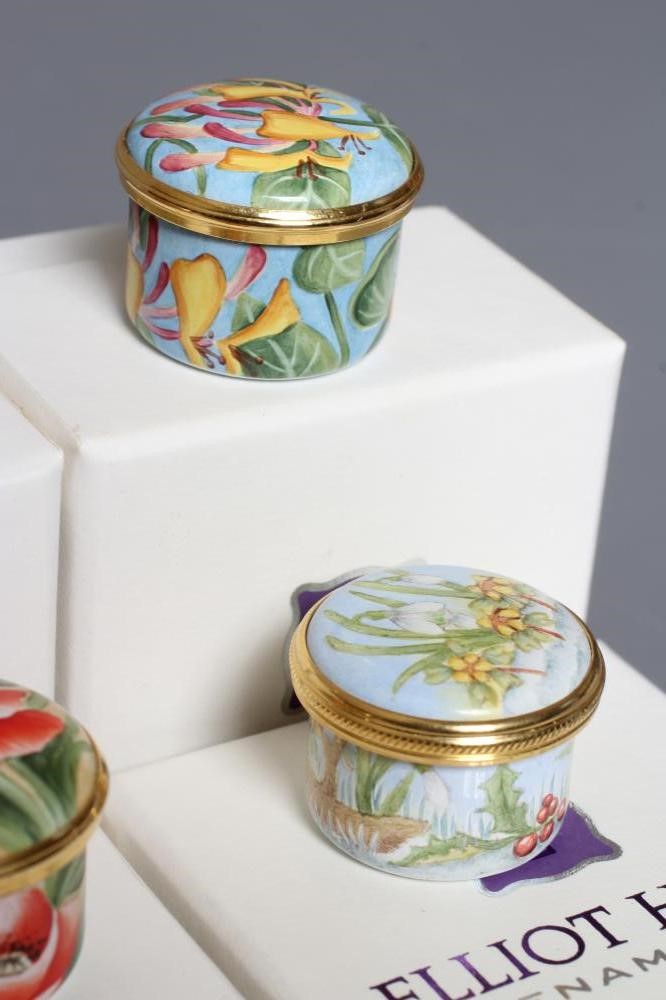 FOUR SMALL ELLIOT HALL ENAMEL BOXES AND COVERS comprising two painted by A. Roberts with Honeysuckle Image