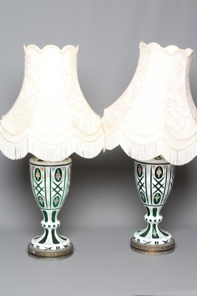 A PAIR OF WHITE OPAQUE OVERLAY GREEN GLASS ELECTRIC TABLE LAMPS Image