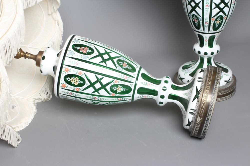 A PAIR OF WHITE OPAQUE OVERLAY GREEN GLASS ELECTRIC TABLE LAMPS Image