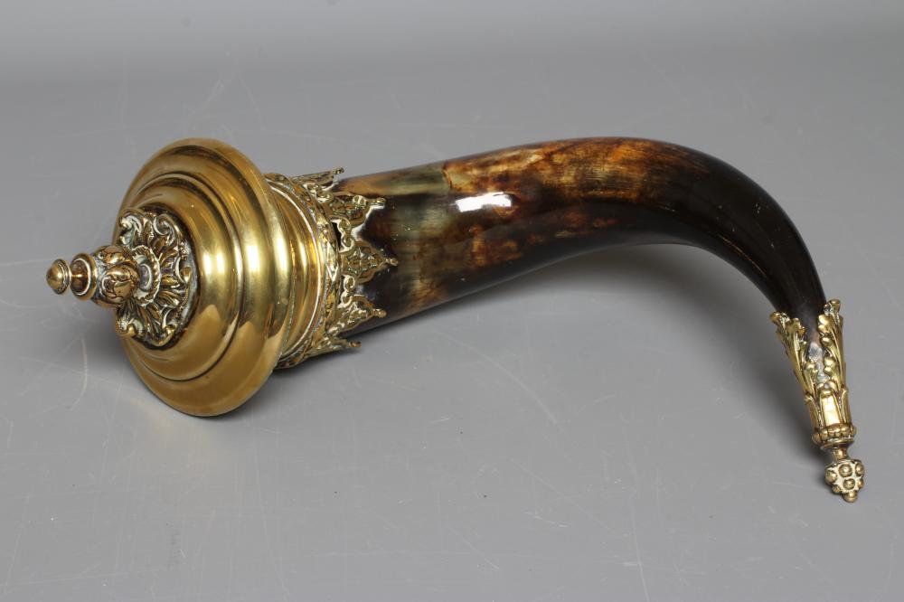 A VICTORIAN BRASS MOUNTED COW HORN SNUFF MULL, the polished horn with husk cast fringed mounts, Image