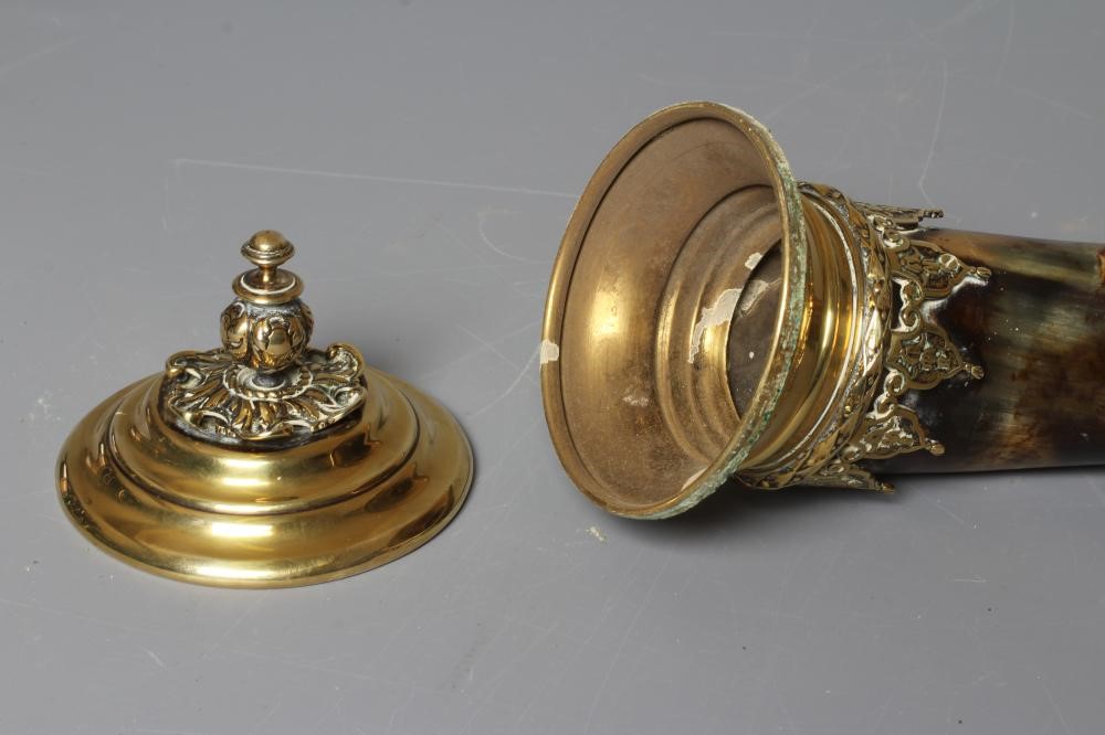 A VICTORIAN BRASS MOUNTED COW HORN SNUFF MULL, the polished horn with husk cast fringed mounts, Image