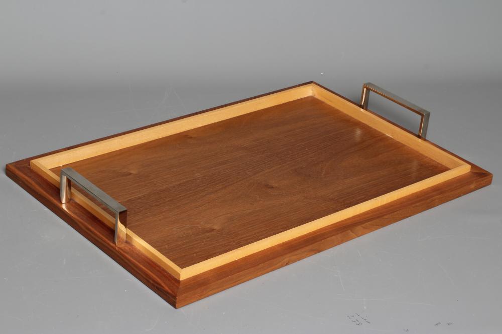 A DAVID LINLEY WALNUT TRAY, modern, with pale fruitwood inner gallery and polished metal handles Image