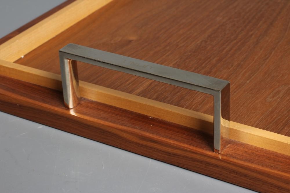 A DAVID LINLEY WALNUT TRAY, modern, with pale fruitwood inner gallery and polished metal handles Image
