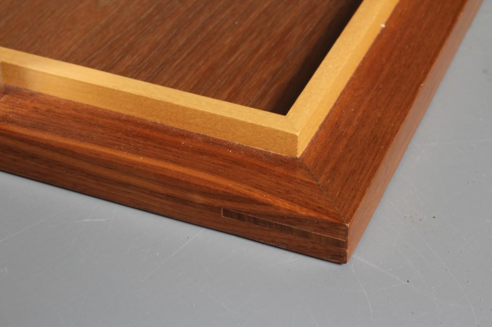A DAVID LINLEY WALNUT TRAY, modern, with pale fruitwood inner gallery and polished metal handles Image