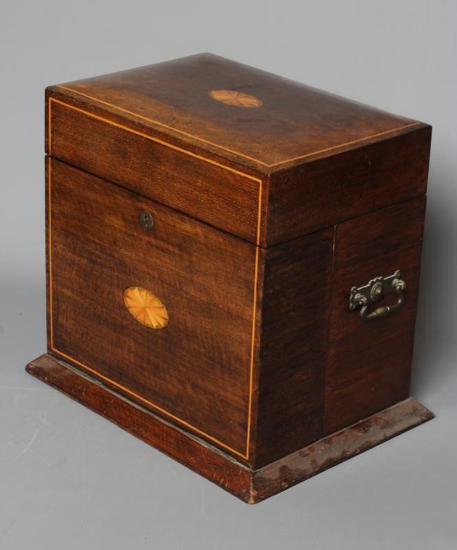 AN EDWARDIAN OAK AND BOXWOOD INLAID TANTALUS/GAMES COMPENDIUM Image