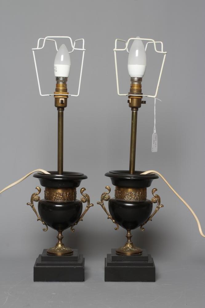 A PAIR OF SLATE AND BRASS TABLE LAMPS, early 20th century, in the neo-classical style, each 16" high Image