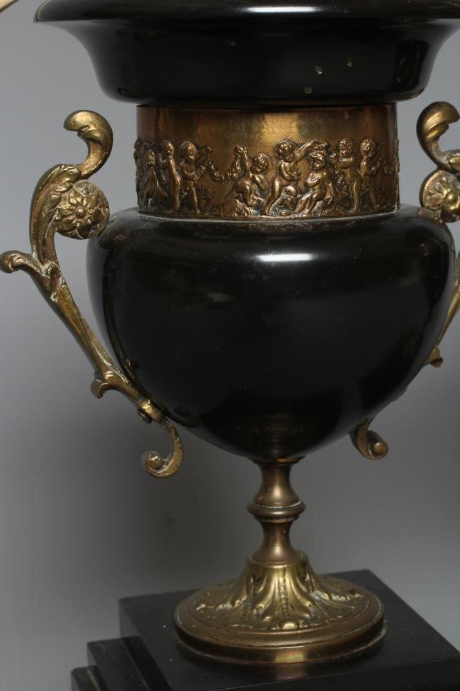 A PAIR OF SLATE AND BRASS TABLE LAMPS, early 20th century, in the neo-classical style, each 16" high Image