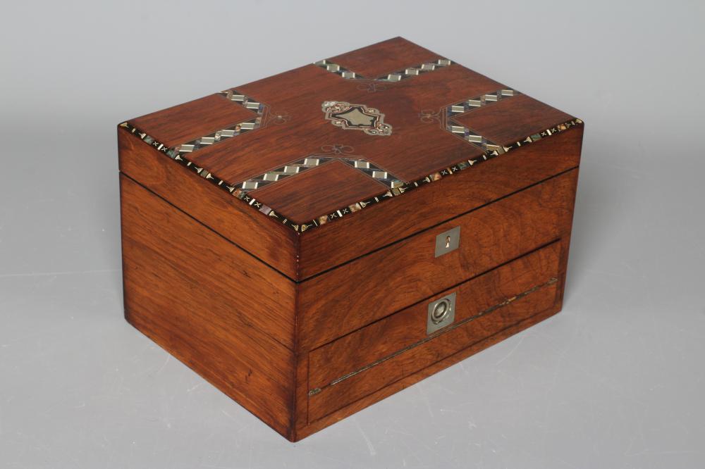A VICTORIAN ROSEWOOD SEWING AND WRITING BOX Image