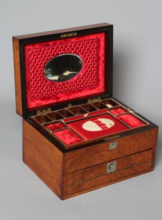 A VICTORIAN ROSEWOOD SEWING AND WRITING BOX Image