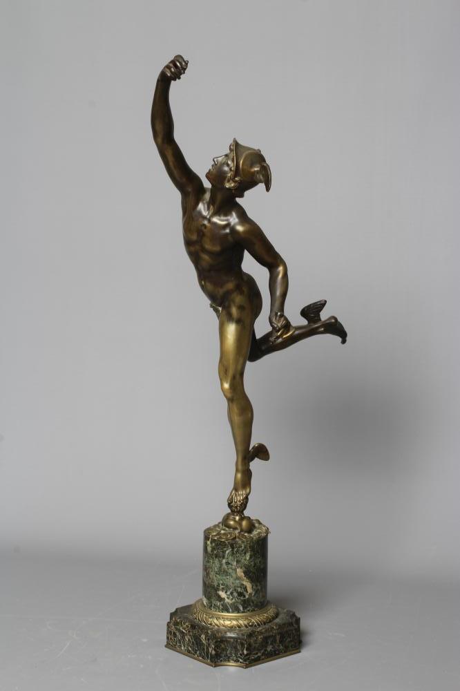 A BRONZE STATUE OF MERCURY AFTER THE ANTIQUE, 20th century, raised on a marble column and stepped Image