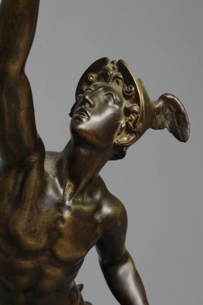 A BRONZE STATUE OF MERCURY AFTER THE ANTIQUE, 20th century, raised on a marble column and stepped Image