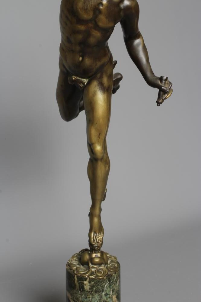 A BRONZE STATUE OF MERCURY AFTER THE ANTIQUE, 20th century, raised on a marble column and stepped Image