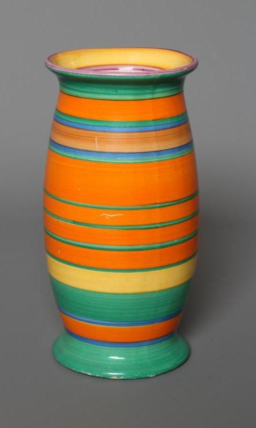 A CLARICE CLIFF BIZARRE POTTERY VASE, 1920's, of bombe cylindrical form, painted with stripes in Image