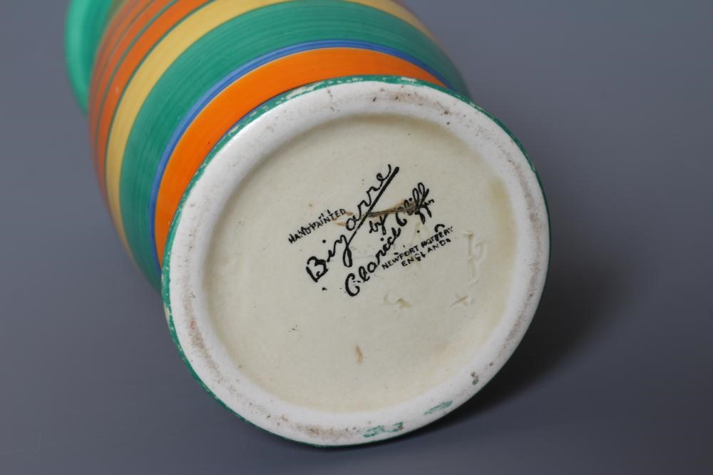 A CLARICE CLIFF BIZARRE POTTERY VASE, 1920's, of bombe cylindrical form, painted with stripes in Image