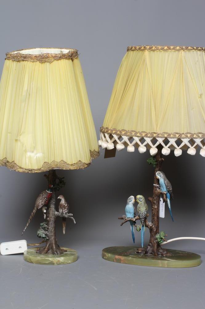 A PAIR OF COLD PAINTED BIRD BRONZE TABLE LAMPS Image