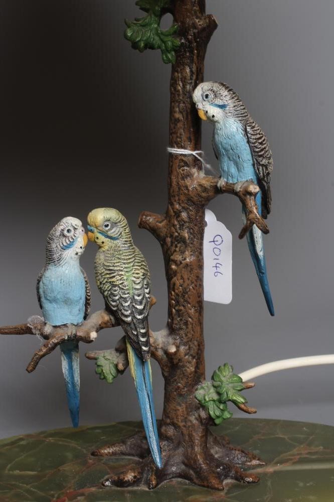 A PAIR OF COLD PAINTED BIRD BRONZE TABLE LAMPS Image