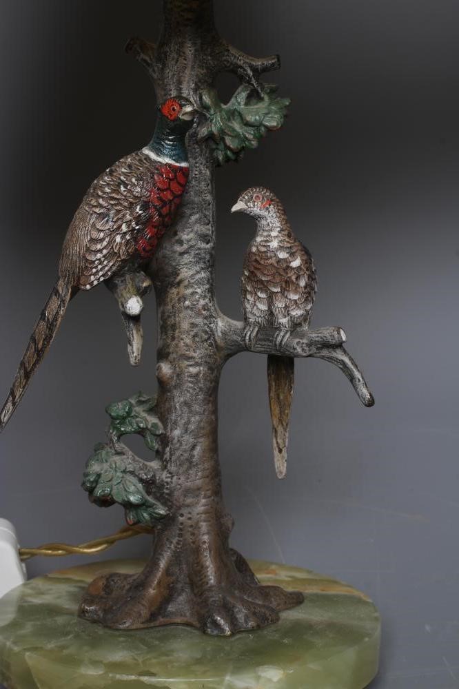 A PAIR OF COLD PAINTED BIRD BRONZE TABLE LAMPS Image
