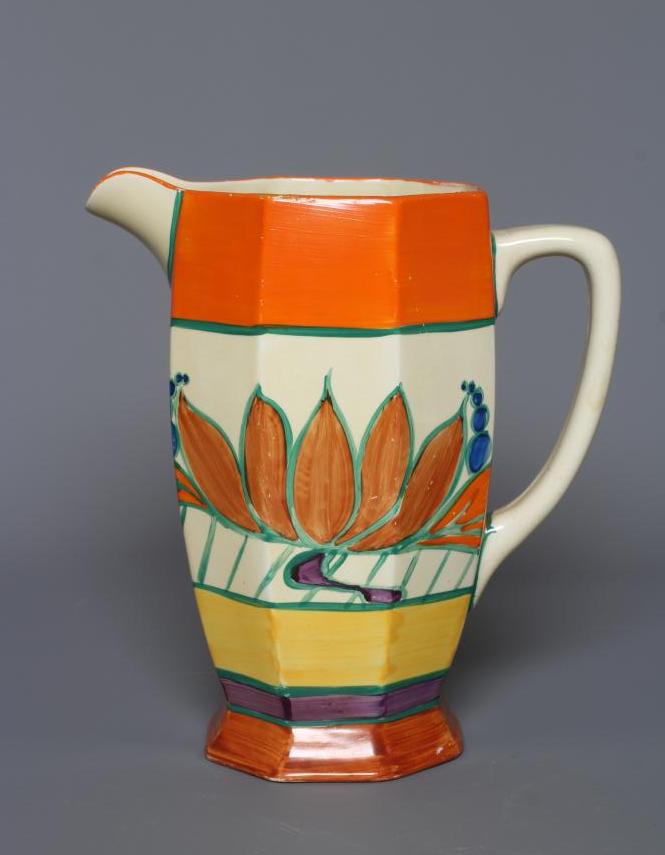 A CLARICE CLIFF FANTASQUE POTTERY LILY PATTERN ATHENS JUG, 1920's, retailed by Lawleys of Regent Image