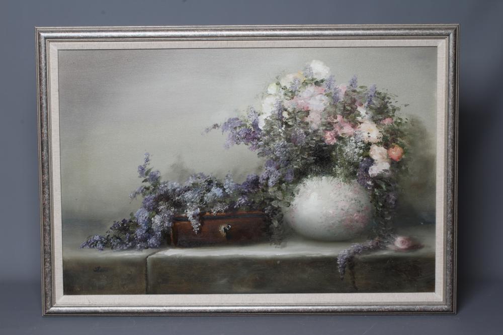 JUDITH LEVIN (British School, 20th/21st Century) Still Life of Flowers on a Stone Ledge, signed Image