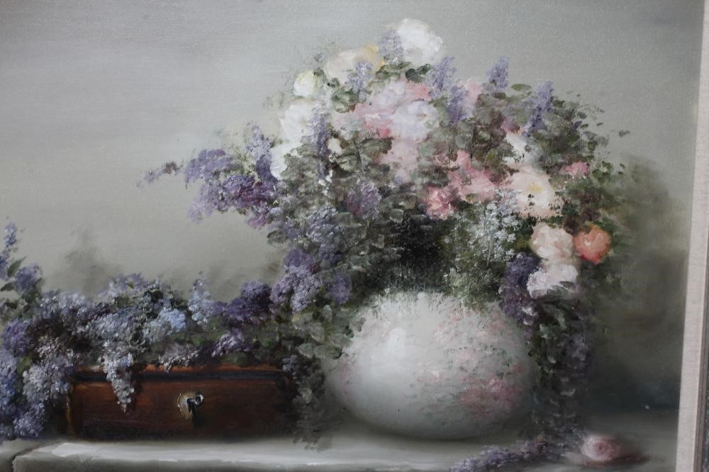 JUDITH LEVIN (British School, 20th/21st Century) Still Life of Flowers on a Stone Ledge, signed Image