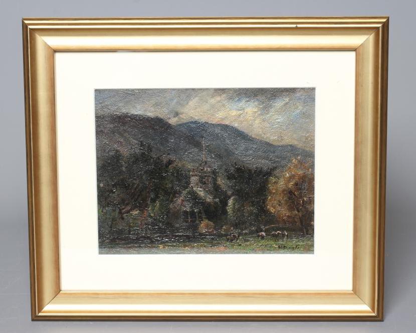 HERBERT F ROYLE (1870-1958) View of a Church amongst Trees, signed lower right, oil on board, 6 1/2" Image