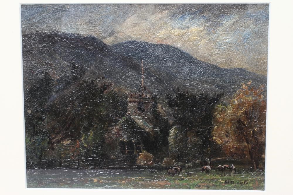 HERBERT F ROYLE (1870-1958) View of a Church amongst Trees, signed lower right, oil on board, 6 1/2" Image