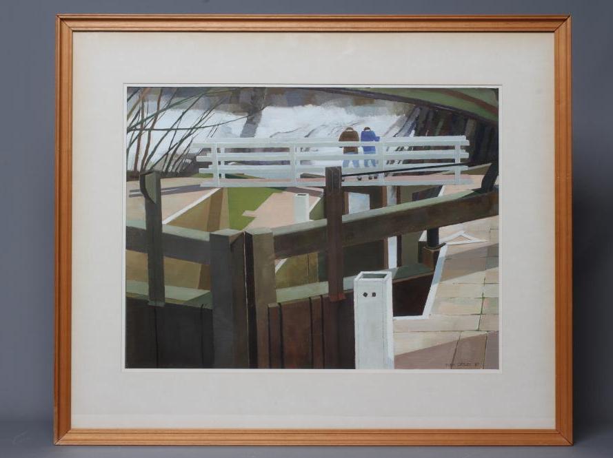 ALAN JOHN GREEN (1921-2020) Canal Lock, signed lower right, dated '87, oil on unstretched canvas, Image