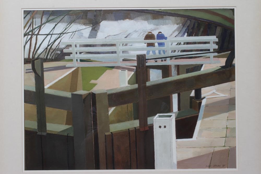 ALAN JOHN GREEN (1921-2020) Canal Lock, signed lower right, dated '87, oil on unstretched canvas, Image