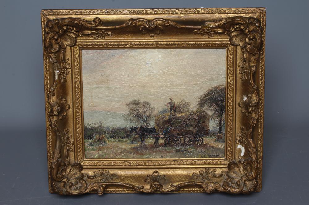 HERBERT F ROYLE (1870-1958) Loading Barley, signed lower right, oil on panel, 7 1/2" x 9 1/2", gilt Image