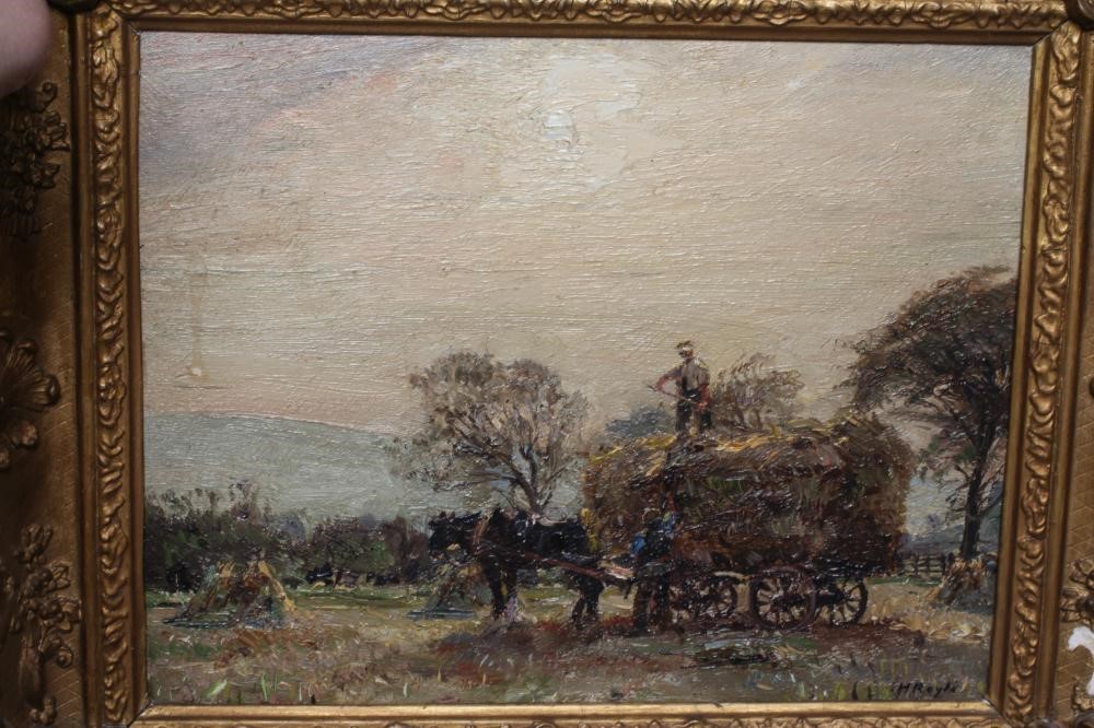 HERBERT F ROYLE (1870-1958) Loading Barley, signed lower right, oil on panel, 7 1/2" x 9 1/2", gilt Image