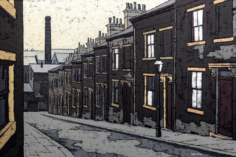 STUART WALTON (b.1933) Back Street Bradford, signed lower right, oil on board, 24" x 36", narrow Image