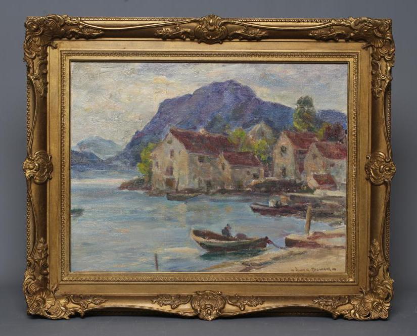 OWEN BOWEN (1873-1967) Harbour scene, signed lower right, oil on board, 14" x 18", modern gilt swept Image