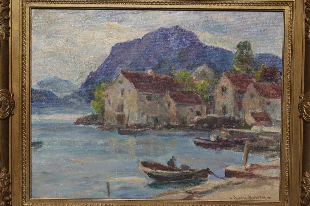 OWEN BOWEN (1873-1967) Harbour scene, signed lower right, oil on board, 14" x 18", modern gilt swept Image
