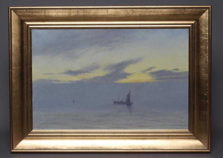 E T JONES (British School, Early 20th Century) Shipping at Dusk, signed lower left, oil on canvas, Image