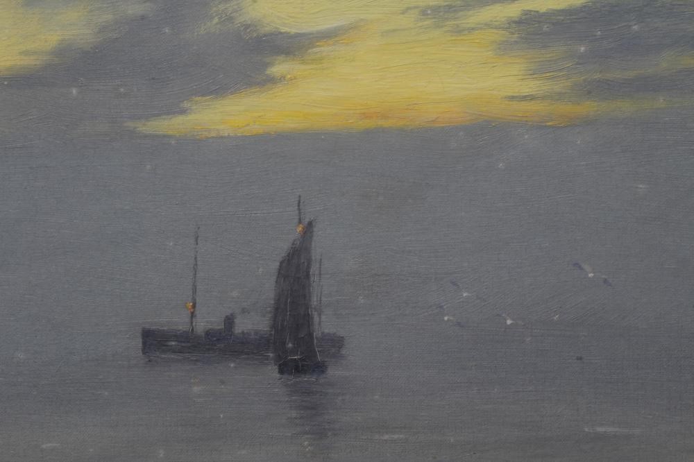 E T JONES (British School, Early 20th Century) Shipping at Dusk, signed lower left, oil on canvas, Image
