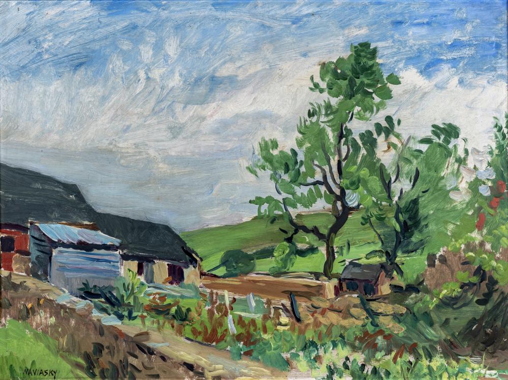 PHILIP NAVIASKY (1894-1983) Farm Buildings, signed lower left, oil on board, 17 1/2" x 23 1/2", Image