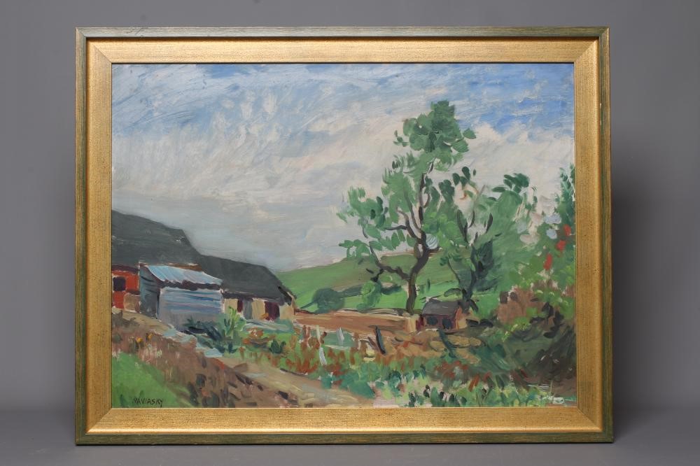 PHILIP NAVIASKY (1894-1983) Farm Buildings, signed lower left, oil on board, 17 1/2" x 23 1/2", Image