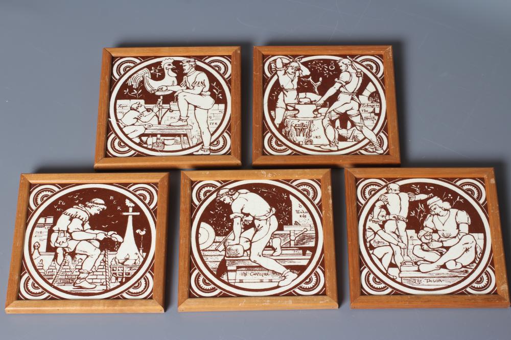 A SET OF FIVE VICTORIAN MINTONS TILES printed in brown after Moyr Smith with Carpenter, Smith, Image