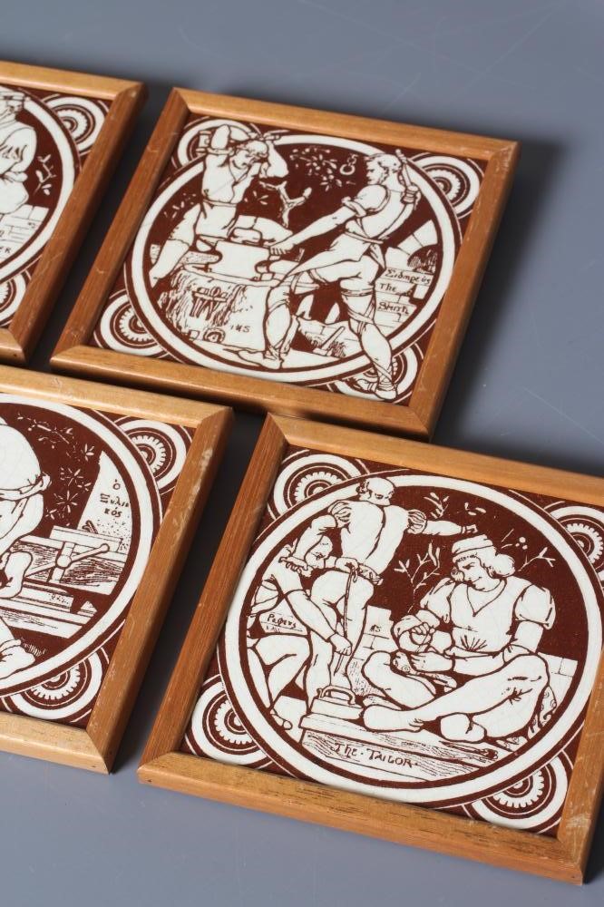 A SET OF FIVE VICTORIAN MINTONS TILES printed in brown after Moyr Smith with Carpenter, Smith, Image