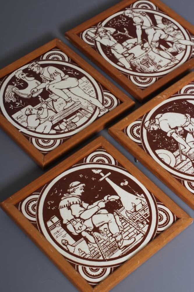 A SET OF FIVE VICTORIAN MINTONS TILES printed in brown after Moyr Smith with Carpenter, Smith, Image