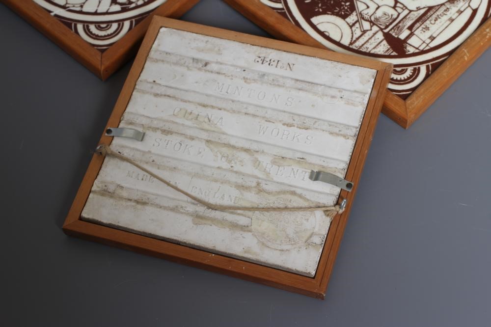 A SET OF FIVE VICTORIAN MINTONS TILES printed in brown after Moyr Smith with Carpenter, Smith, Image