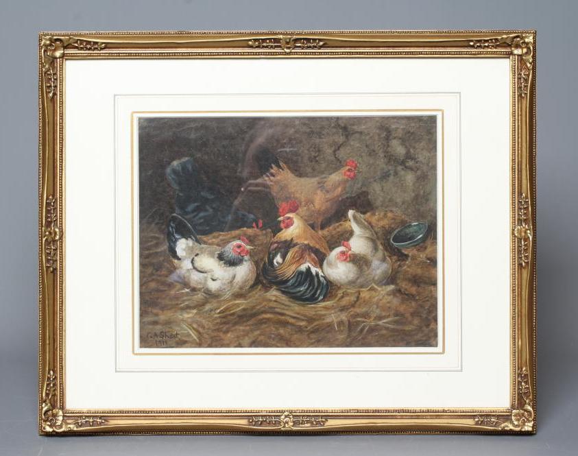 GEORGE ANDERSON SHORT (1856-1945) Cockerel and Hens in a Barn Interior Image