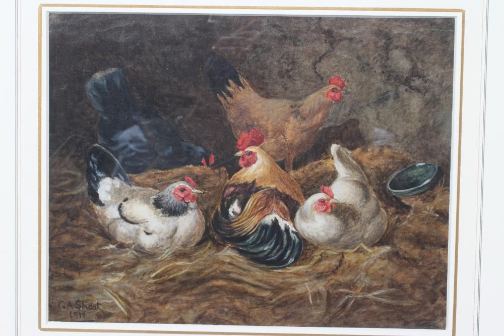 GEORGE ANDERSON SHORT (1856-1945) Cockerel and Hens in a Barn Interior Image