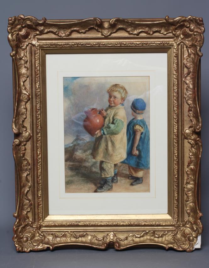 BRITISH SCHOOL (Late 19th Century) Child Carrying an Earthenware Jug, watercolour, 11" x 8", framed Image